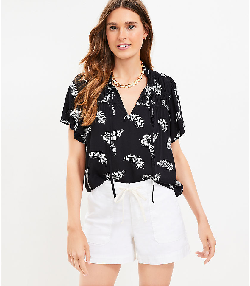 Petite Palm Ruched Ruffle Tie Neck Top