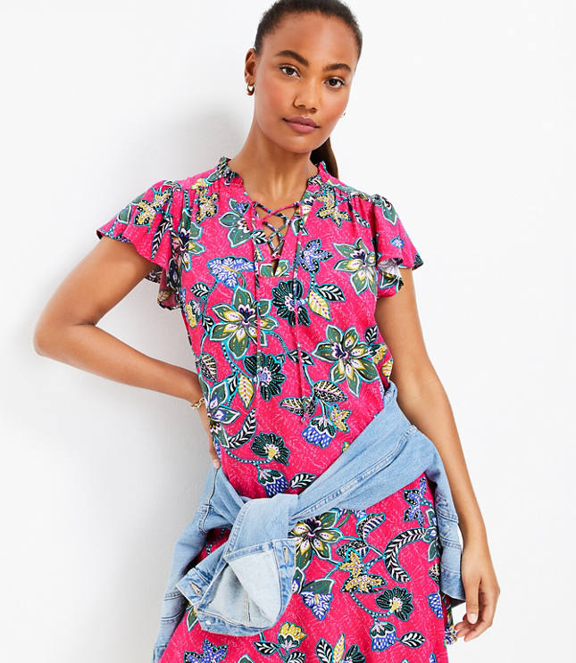 Petite Floral Lace Up Flounce Swing Dress