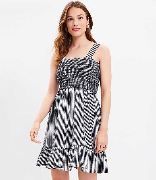 Petite Gingham Smocked Strappy Flounce Dress