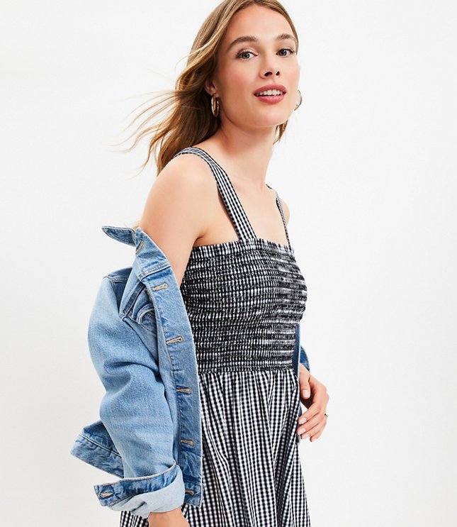 Petite Gingham Smocked Strappy Flounce Dress