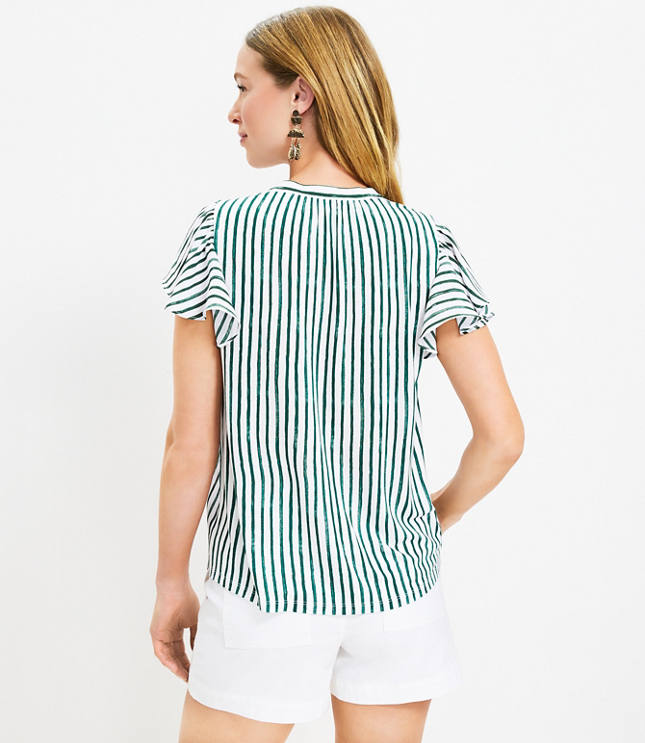 Petite Striped Flutter Tie Neck Mixed Media Top