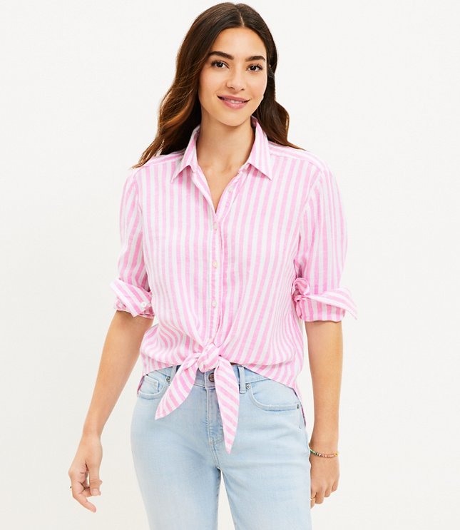 Petite Striped Linen Blend Tie Front Everyday Shirt