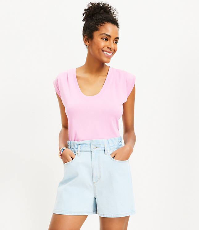 Petite High Rise Paperbag Pull On Denim Shorts in Staple Light Indigo Wash