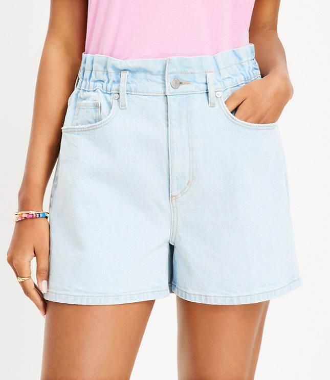 Petite High Rise Paperbag Pull On Denim Shorts in Staple Light Indigo Wash