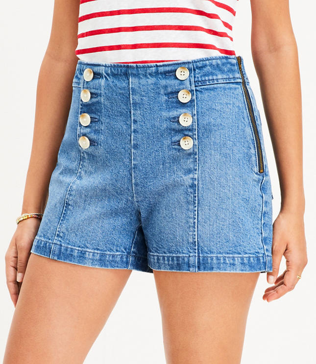 High Rise Denim Sailor Shorts in Mid Wash