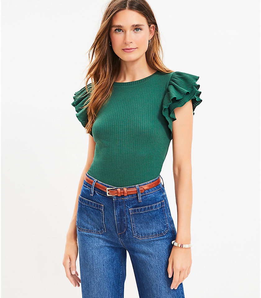 Ribbed Tiered Ruffle Sleeve Top