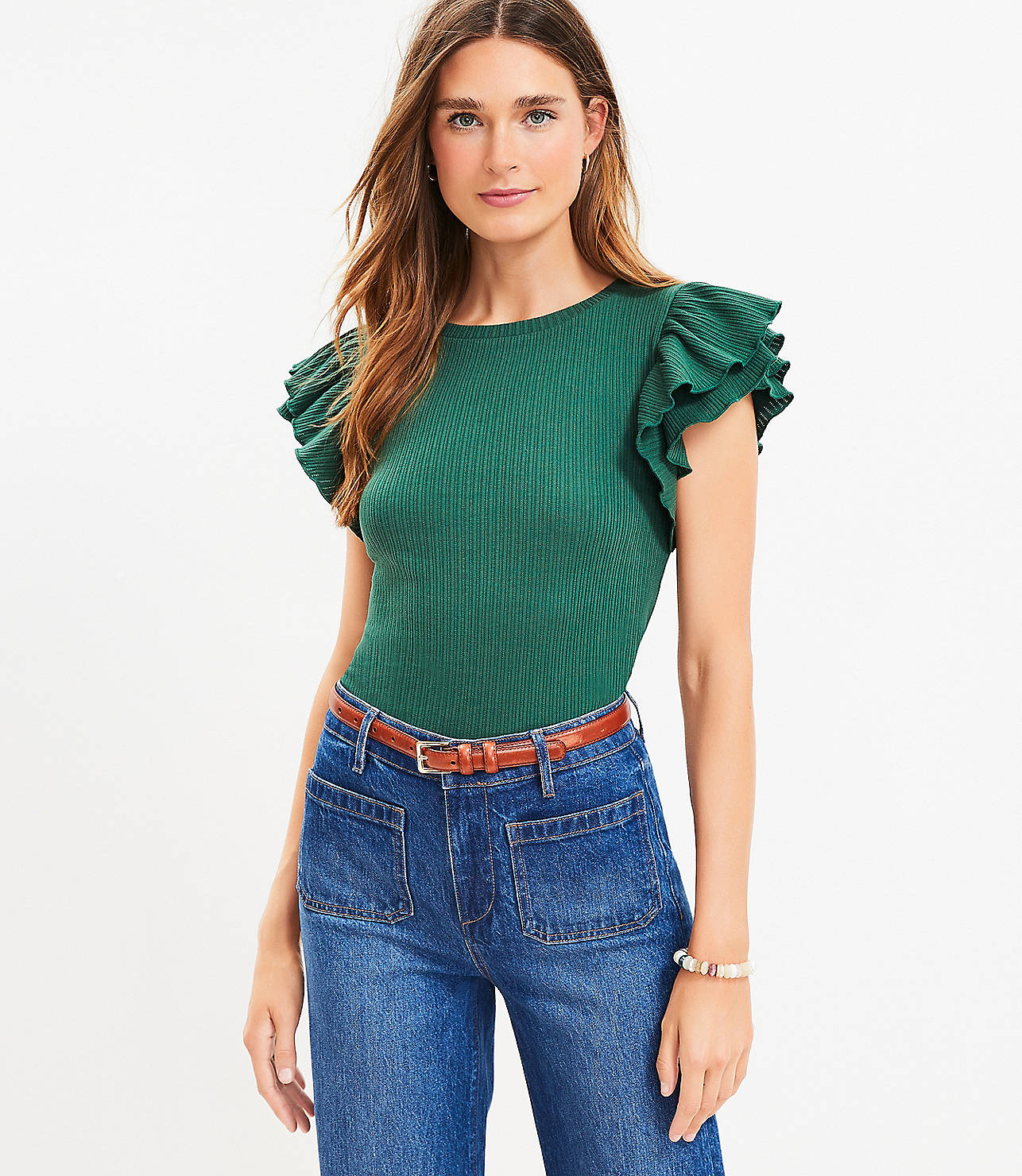 Ribbed Tiered Ruffle Sleeve Top