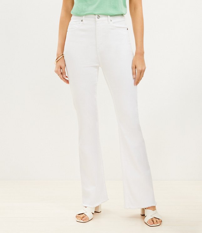 Frayed High Rise Slim Flare Jeans in White