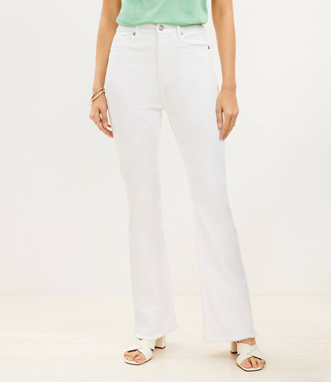 Petite Frayed High Rise Slim Flare Jeans in White