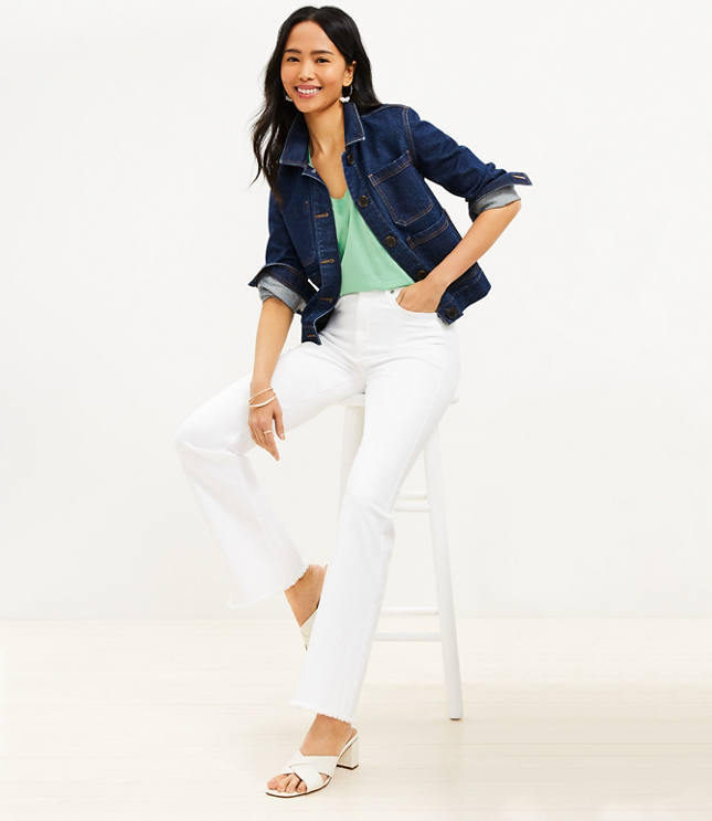 Petite Frayed High Rise Slim Flare Jeans in White