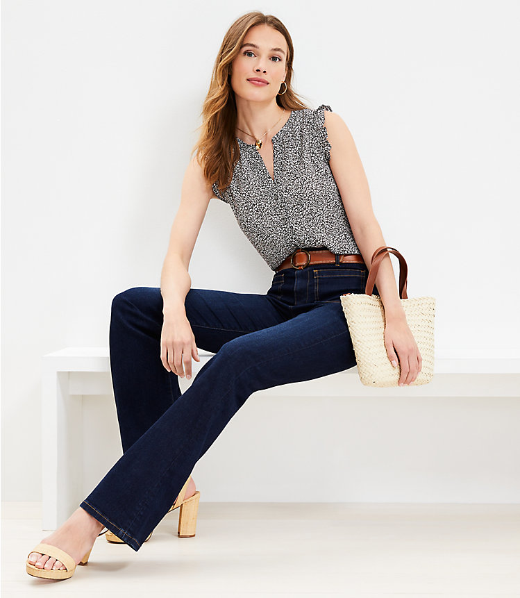 Petite Patch Pocket High Rise Slim Flare Jeans in Classic Dark Indigo Wash image number 1