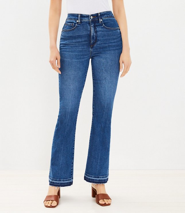 Petite Curvy Unpicked Hem High Rise Slim Flare Jeans in Dark Wash