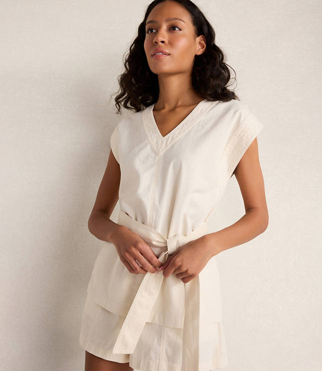 Haven Well Within Cotton Ecru Denim V-Neck Belted Top
