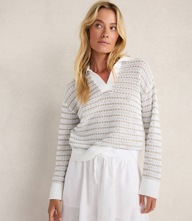 Haven Well Within Organic Cotton Stripe Mixed Stitch Johnny Collar Sweater