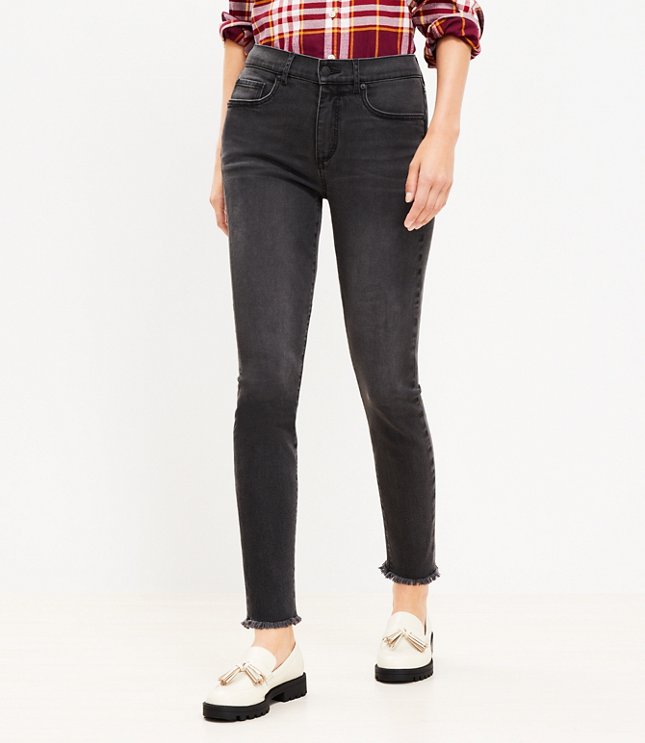 Curvy Frayed Mid Rise Skinny Jeans in Washed Black Wash