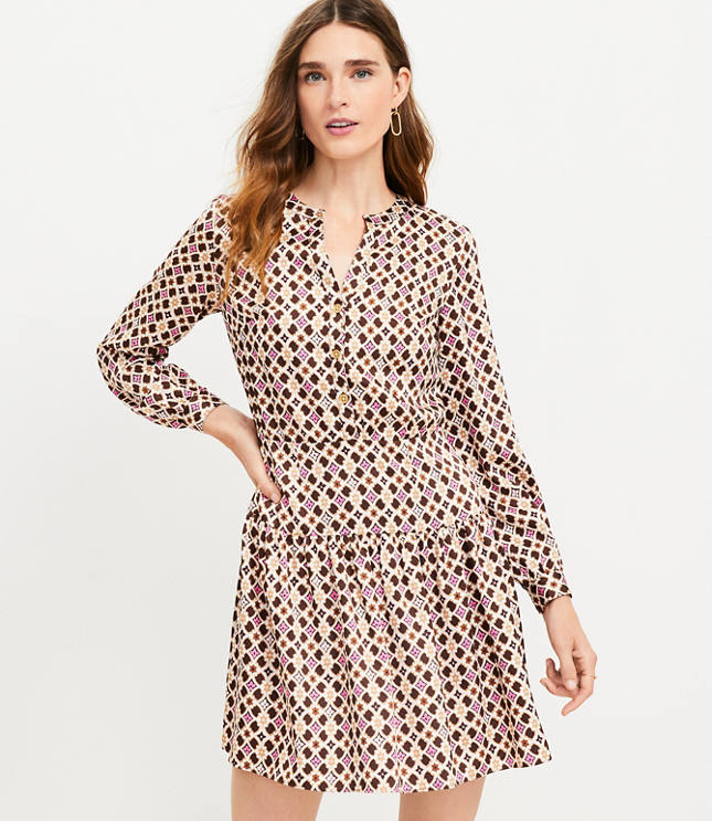 Petite Geo Split Neck Flare Dress