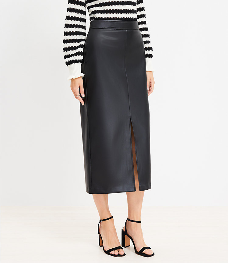 Petite Faux Leather Front Slit Midi Skirt image number 1