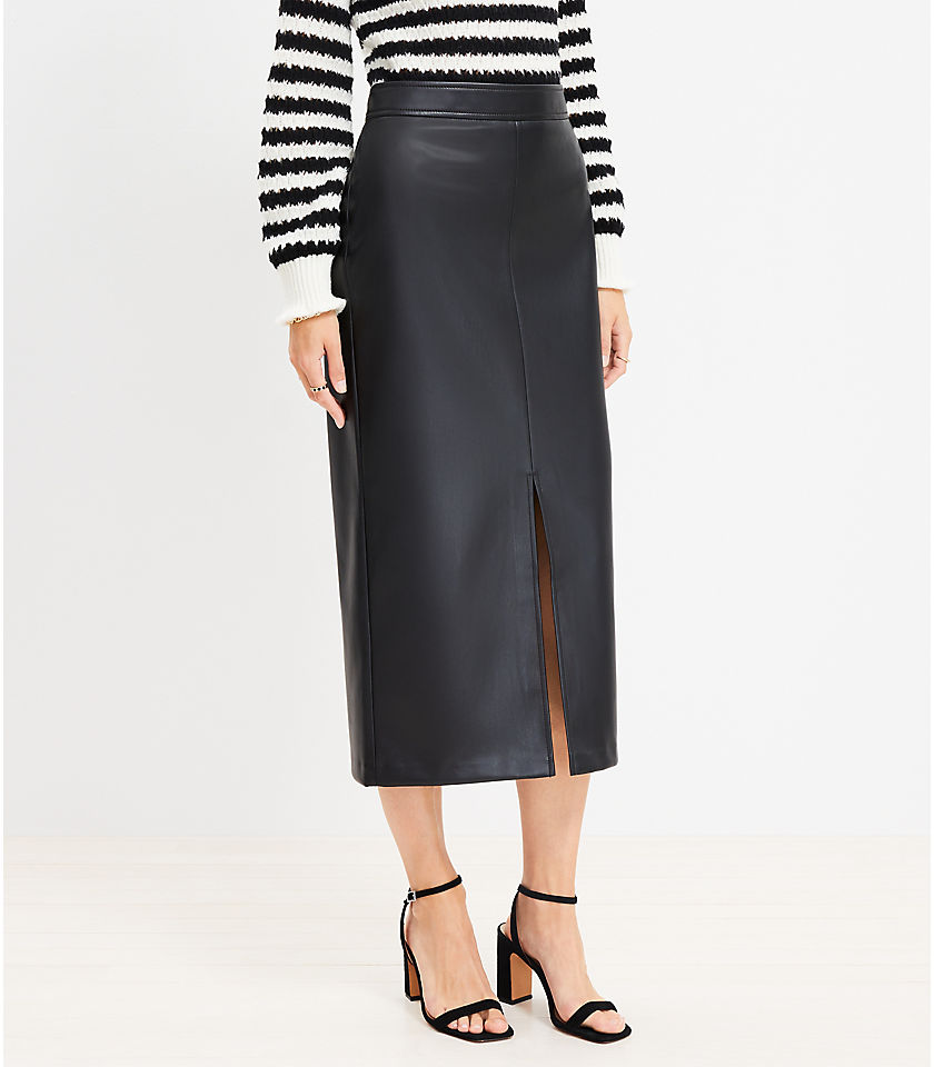 Petite Faux Leather Front Slit Midi Skirt