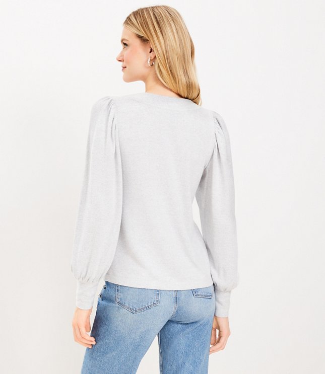 Heathered Cozy Textured Puff Sleeve V-Neck Top