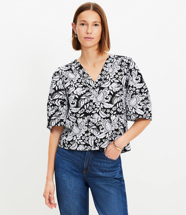 Petite Swirl Ruffle Tie Neck Blouse