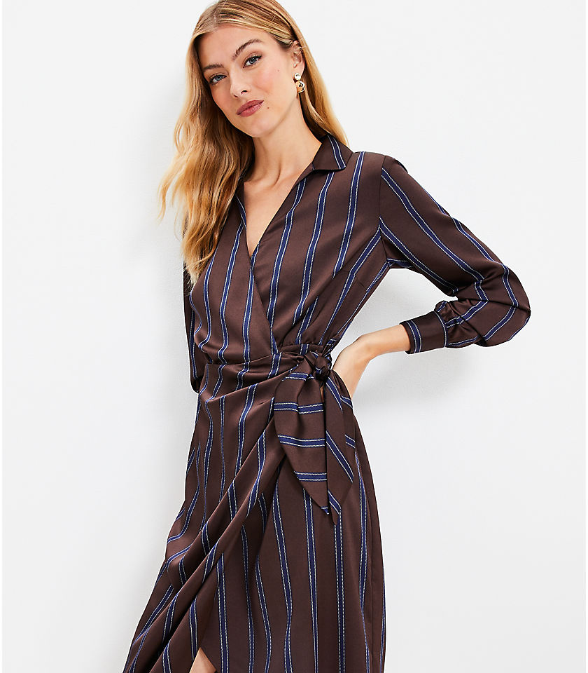 Petite Striped Satin Midi Wrap Dress