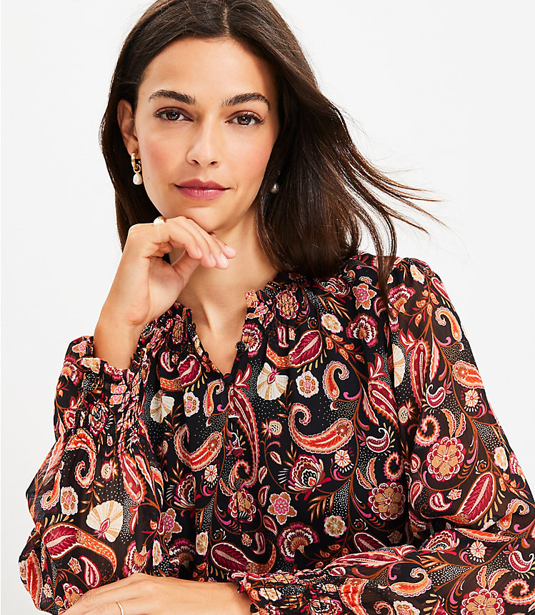 Paisley Smocked Ruffle Button Blouse image number 1