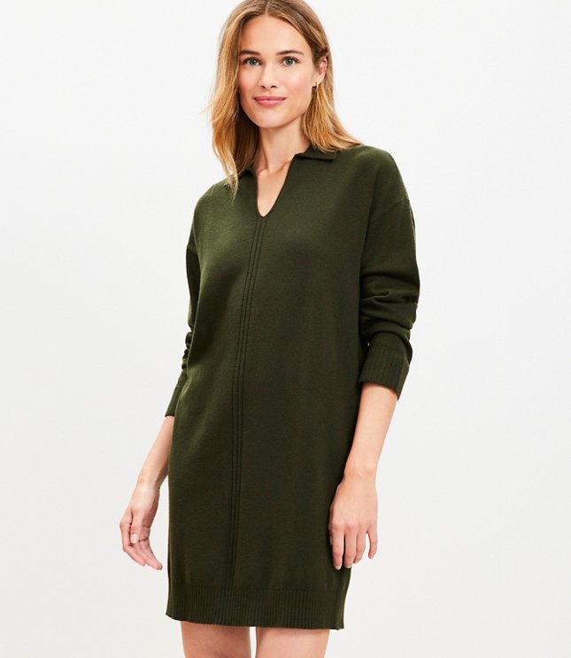 Rib Trim Collared Mini Sweater Dress