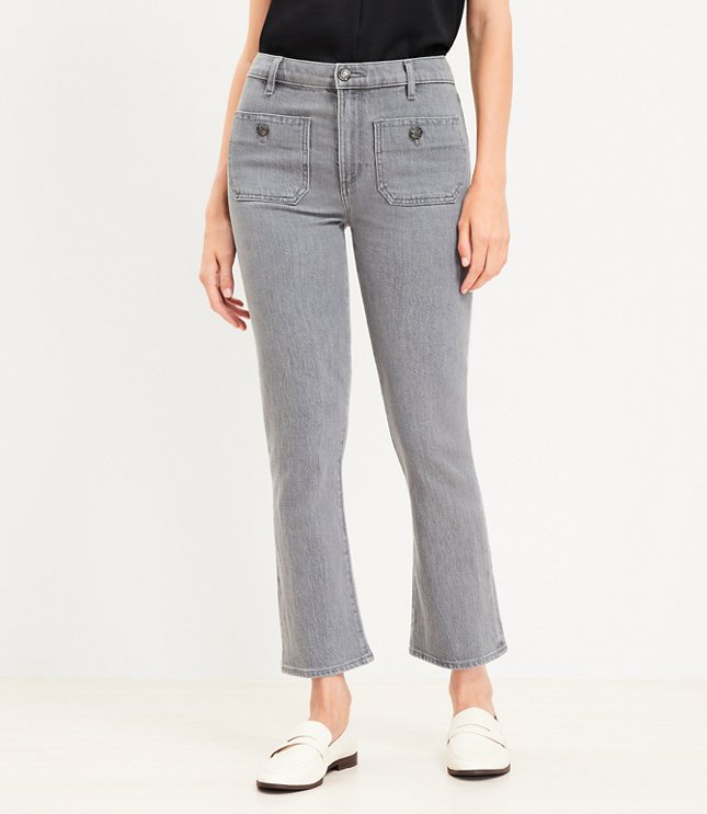 Petite Curvy Patch Pocket High Rise Kick Crop Jeans in Grey