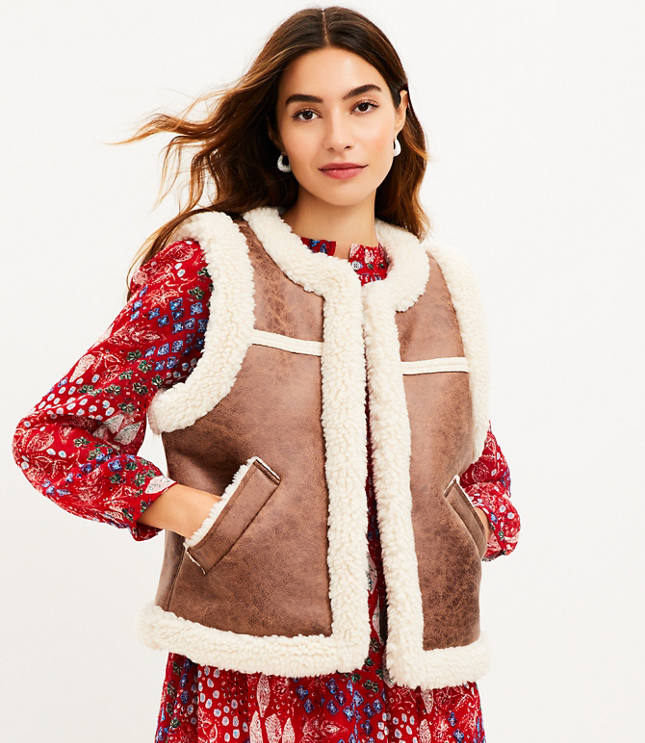 Crackle Faux Leather Shearling Pocket Vest