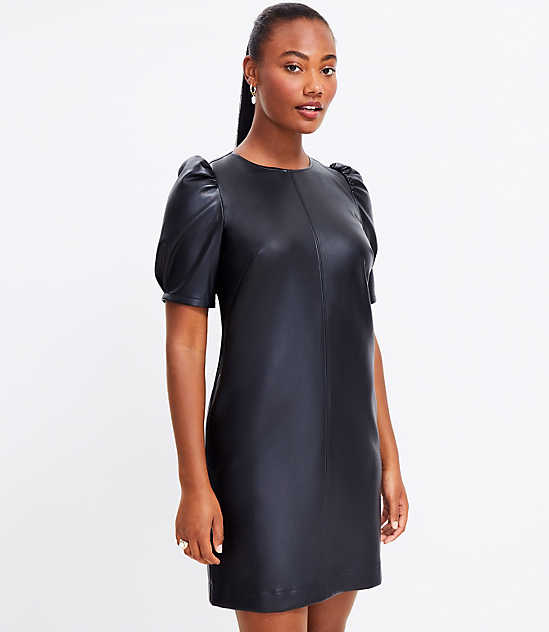 Petite Faux Leather Ruched Sleeve Shift Dress