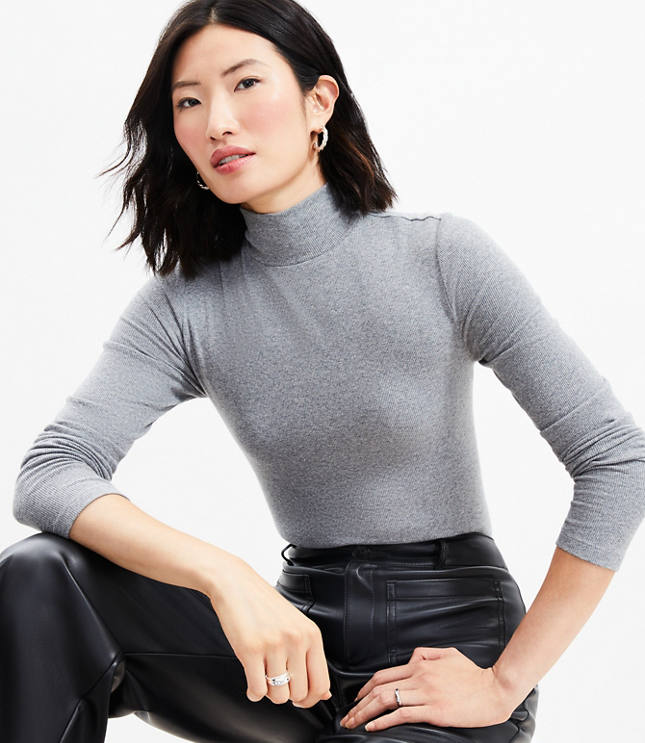 Heathered Ribbed Mock Neck Top - Cobblestone Heather