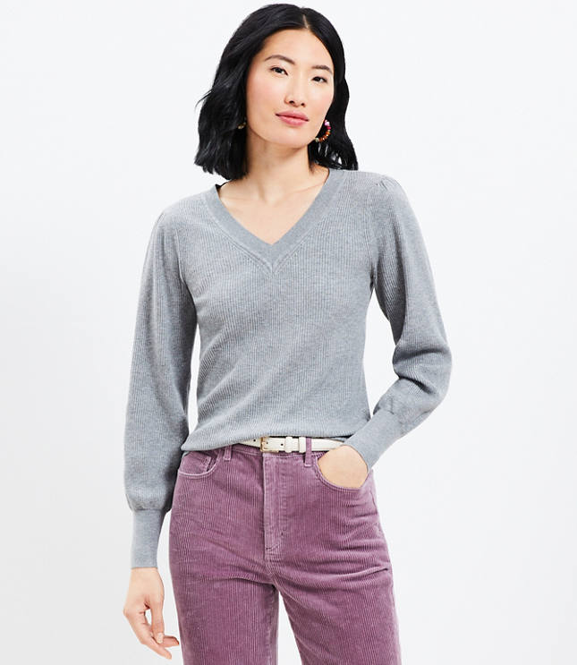 Heathered Ribbed Puff Sleeve V-Neck Sweater