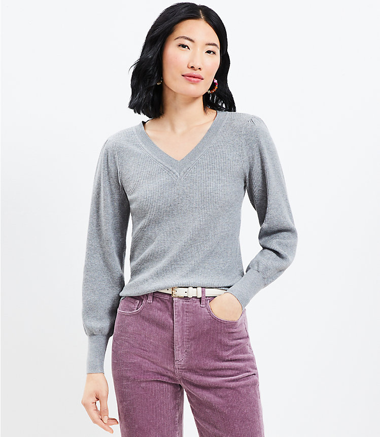 Heathered Ribbed Puff Sleeve V-Neck Sweater image number null