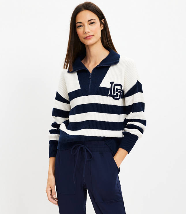 Petite Lou & Grey Striped Varsity Letter Half Zip Sweater