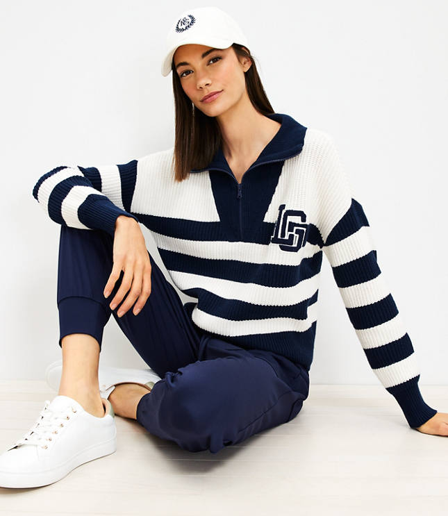 Petite Lou & Grey Striped Varsity Letter Half Zip Sweater