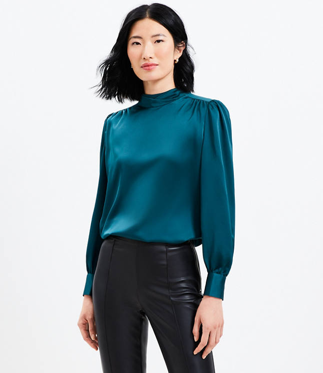 Petite Tie Back Mock Neck Blouse