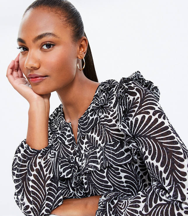 Printed Ruffled Off-Shoulder Blouse with Flower Neck Tie