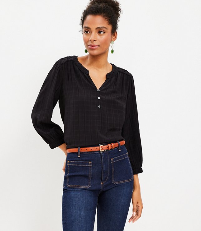 Petite Dobby Stripe Ruched Shoulder Blouse