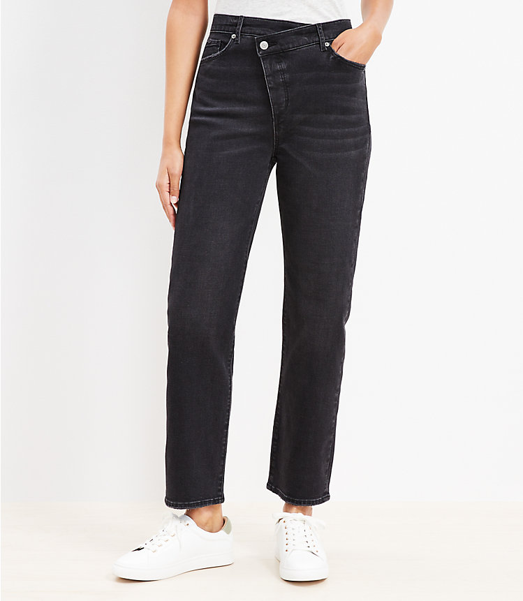 Petite Crisscross Waist High Rise Straight Jeans in Washed Black image number 0