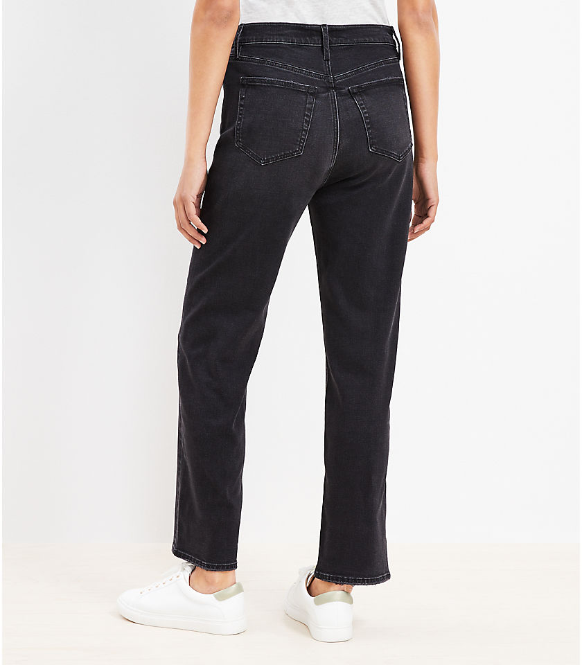 Petite Crisscross Waist High Rise Straight Jeans in Washed Black