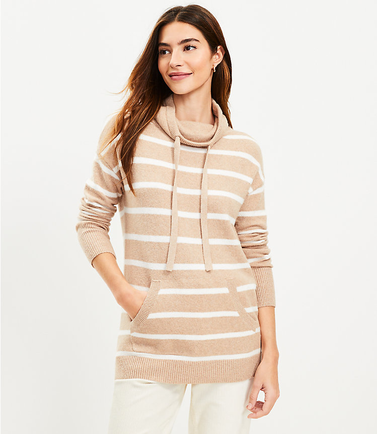 Petite Striped Pocket Cowl Neck Tunic Sweater image number 0