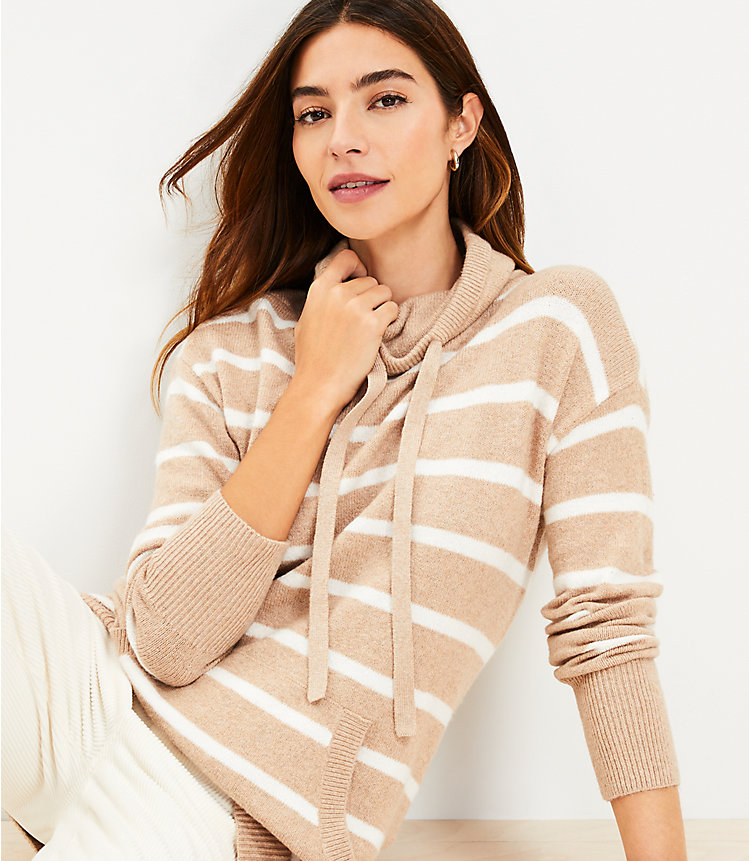 Petite Striped Pocket Cowl Neck Tunic Sweater image number 1