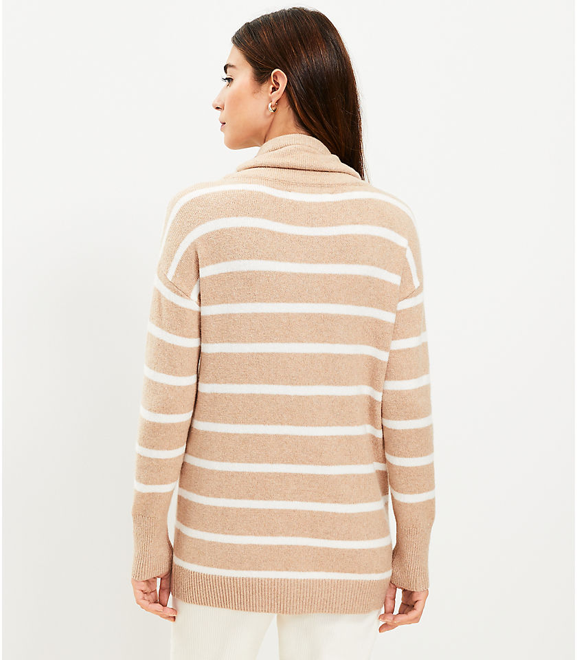 Petite Striped Pocket Cowl Neck Tunic Sweater
