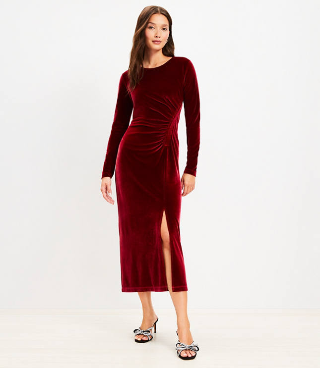 Shirred Velvet Midi Dress