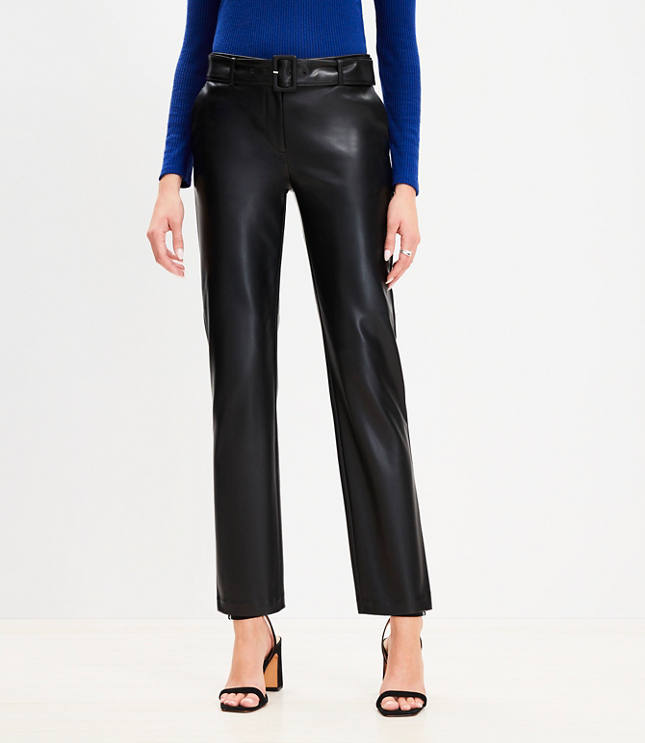 Petite Belted Riviera Slim Pants in Faux Leather