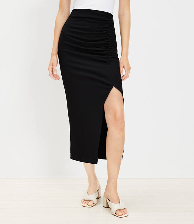 Petite Ribbed Ruched Midi Skirt