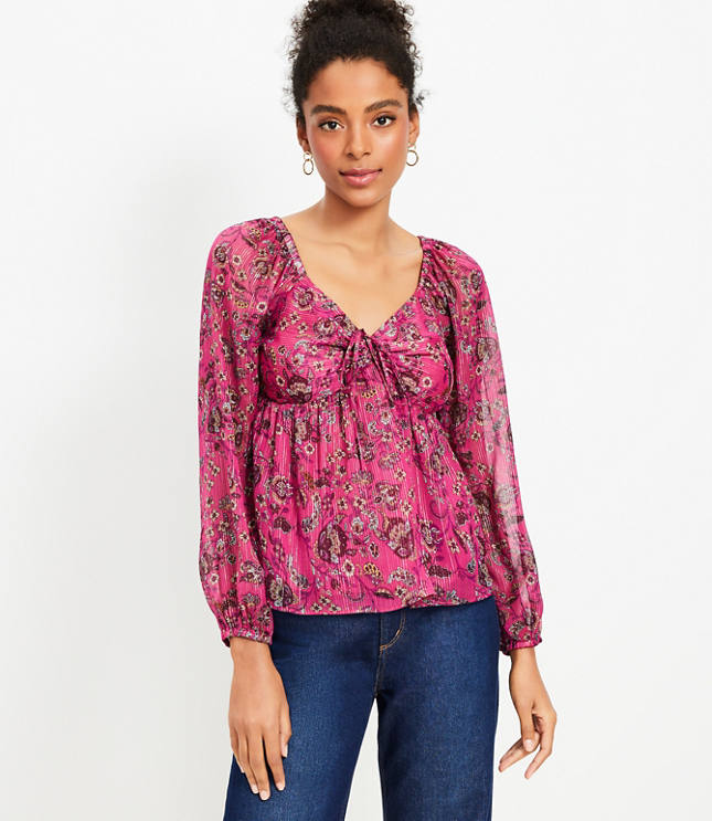 Petite Paisley Ruffle Yoke Tie Neck Top