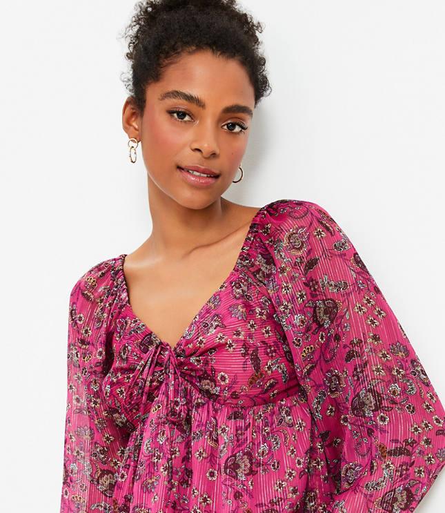 Petite Paisley Ruffle Yoke Tie Neck Top