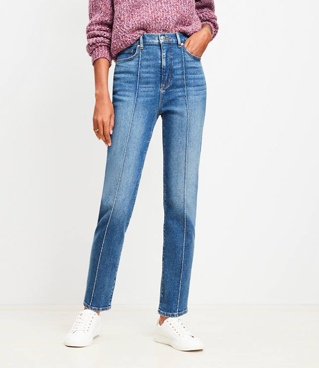 Pintucked High Rise Slim Jeans in Refined Dark Indigo Wash