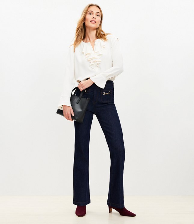 Petite Horsebit High Rise Slim Flare Jeans in Classic Rinse Wash